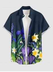 Chemise hawaïenne à imprimé feuilles et fleurs, avec boutons et poche, pour homme - Bleu de Minuit XL