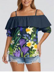 Blouse à épaules dénudées avec volants et imprimé hawaïen fleurs et feuilles - Bleu de Minuit 3XL
