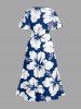 Hibiscus Flower Print Split Hawaii Midi Dress - Bleu 6X