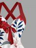 Lily Flowers Leaf Print Crisscross Straps Bowknot Hawaii Tank Dress - Rouge M