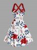 Lily Flowers Leaf Print Crisscross Straps Bowknot Hawaii Tank Dress - Rouge M