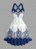 Flower Pattern Ethnic Print Hawaii Halter Crisscross Strappy A Line Dress - Cadetblue M