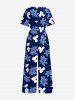 Flower Leaf Print Hawaii Wide Leg Jumpsuit - Cadetblue 2XL