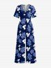 Flower Leaf Print Hawaii Wide Leg Jumpsuit - Cadetblue 3XL