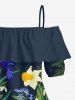 Chemisier Hawaii à imprimé floral et feuillage, volants et épaules dénudées - Bleu de Minuit 2XL