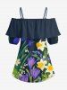 Blouse à épaules dénudées avec volants et imprimé hawaïen fleurs et feuilles - Bleu de Minuit 3XL
