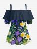 Blouse à épaules dénudées avec volants et imprimé hawaïen fleurs et feuilles - Bleu de Minuit 3XL