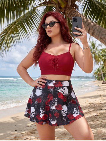 Plus Size Skull Rose Flower Spider Web Print Lace Up Three Piece Tankini Swimsuit (Adjustable Shoulder Strap) - RED - M | US 10