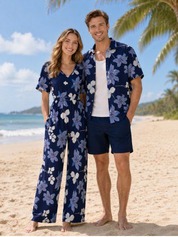 Flower Leaf Print Matching Hawaii Beach Outfit For Couples