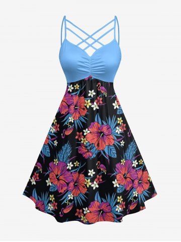 Plus Size Tropical Leaf Hibiscus Flower Flamingo Print Hawaii Ruched Crisscross A Line Dress - CHERRY RED - XXS