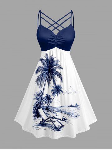 Plus Size Coconut Tree Seascape Print Ruched Lattice Crisscross Straps Hawaii Dress