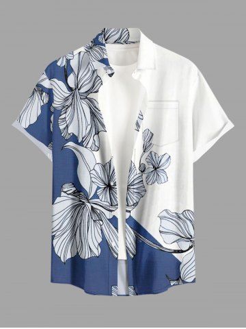 Flower Leaf Print Hawaii Button Pocket Shirt For Men - BLUE - M