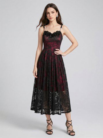 Flower Lace Overlay Layered A Line Party Dress - DEEP RED - XXL