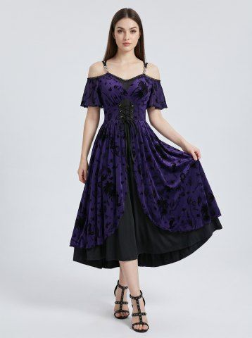 Coconut Tree Insect Spider Flocking Lace Up Cold Shoulder Crisscross Layered A Line Dress - PURPLE - S