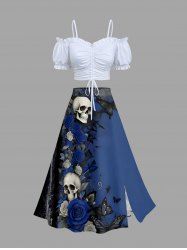 Solid Ruffles Cropped Top and Skulls Rose Flower Butterfly Print Hawaii Split A Line Skirt Matching Set -  