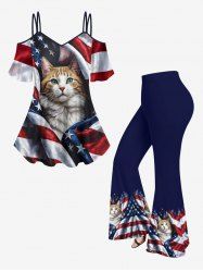 Patriotic American Flag Cat Print Cold Shoulder Cami T-shirt and Flare Pants Matching Set -  