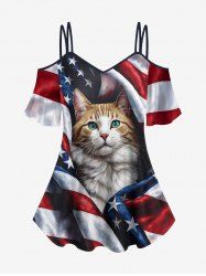 Patriotic American Flag Cat Print Cold Shoulder Cami T-shirt -  