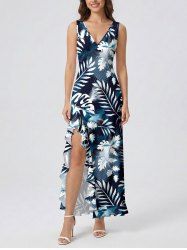 Tropical Leaf Ombre Colorblock Print Hawaii Ruffles Split Dress - Bleu de Minuit XXXL