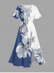 Robe midi trapèze à imprimé floral et feuilles, poches fendues, style Hawaii - Bleu XXS