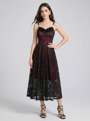 Robe de fête trapèze à superposition de dentelle fleurie - Rouge foncé M