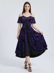 Coconut Tree Insect Spider Flocking Lace Up Cold Shoulder Crisscross Layered A Line Dress -  