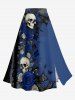 Solid Ruffles Cropped Top and Skulls Rose Flower Butterfly Print Hawaii Split A Line Skirt Matching Set -  