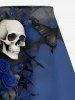 Solid Ruffles Cropped Top and Skulls Rose Flower Butterfly Print Hawaii Split A Line Skirt Matching Set -  