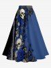 Solid Ruffles Cropped Top and Skulls Rose Flower Butterfly Print Hawaii Split A Line Skirt Matching Set -  