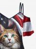 Patriotic American Flag Cat Print Cold Shoulder Cami T-shirt - Bleu profond 3X