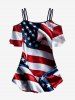 Patriotic American Flag Cat Print Cold Shoulder Cami T-shirt -  