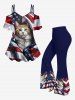 Patriotic American Flag Cat Print Cold Shoulder Cami T-shirt -  