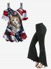 Patriotic American Flag Cat Print Cold Shoulder Cami T-shirt -  