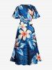 Flowers Tropical Leaf Print Split Hawaii Midi Dress - Bleu 1X