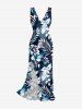 Tropical Leaf Ombre Colorblock Print Hawaii Ruffles Split Dress - Bleu de Minuit XXXL