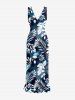 Tropical Leaf Ombre Colorblock Print Hawaii Ruffles Split Dress - Bleu de Minuit XXXL