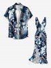 Tropical Leaf Ombre Colorblock Print Hawaii Ruffles Split Dress - Bleu de Minuit XXXL