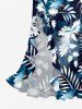 Tropical Leaf Ombre Colorblock Print Hawaii Ruffles Split Dress - Bleu de Minuit XXXL