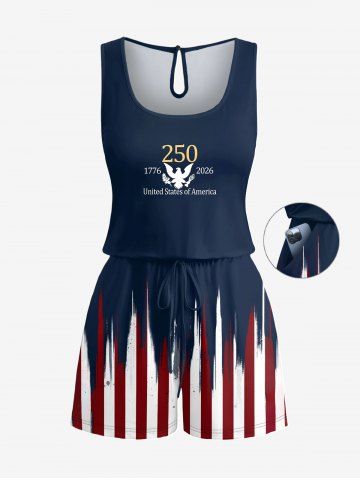 Plus Size Patriotic American Flag Print Drawstring Pocket Romper - DEEP BLUE - XS