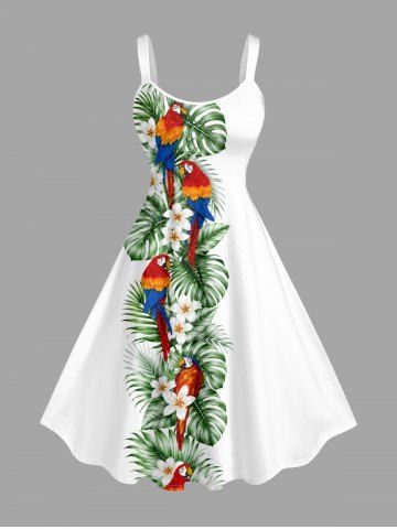 Plus Size Parrot Flower Tropical Leaf Print Hawaii Tank Dress - WHITE - 5X