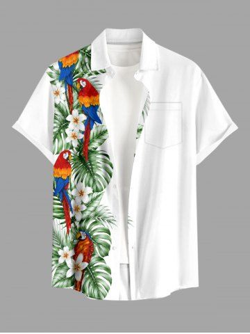 Plus Size Parrot Flower Tropical Leaf Print Buttons Pocket Hawaii Shirt For Men - WHITE - 3XL