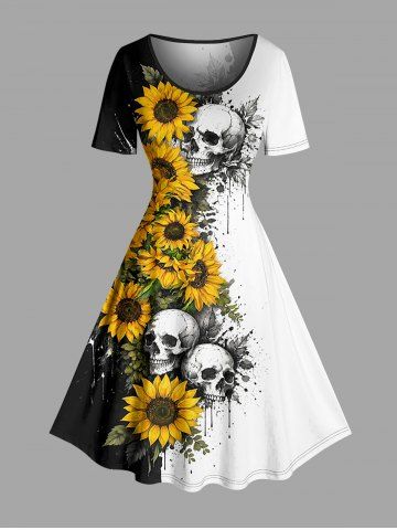 Plus Size Sunflower Skull Paint Splatter Print Hawaii Vintage Dress - WHITE - 5X