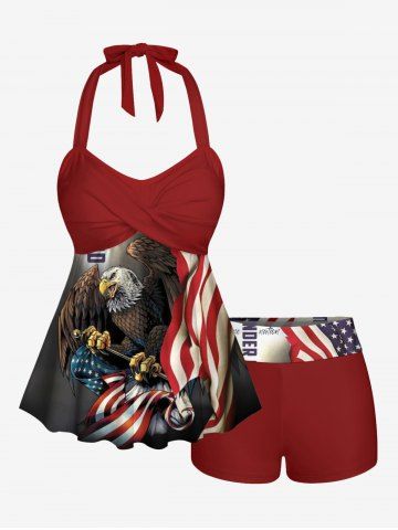 Patriotic American Flag Eagle Print Twist Halter Boyleg Tankini Swimsuit - DEEP RED - 5X