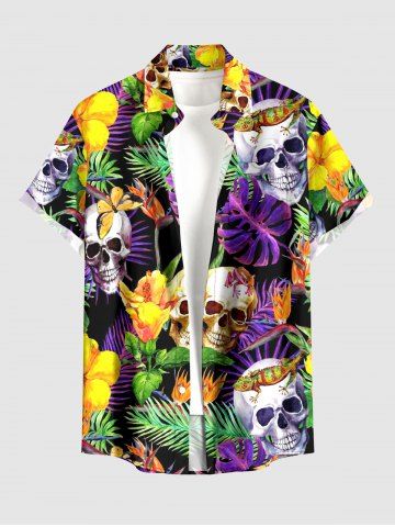 Chemise hawaïenne à imprimé tropical de feuilles, fleurs et crânes, avec boutons et poche, pour homme