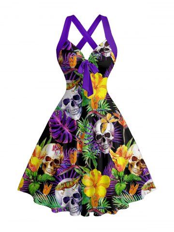 Robe A-Line à imprimé tropical de feuilles, fleurs et crânes, avec halter croisé Hawaii - PURPLE - XXL