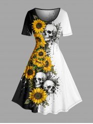 Sunflower Skull Paint Splatter Print Hawaii Vintage Dress -  