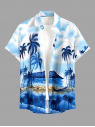 Coconut Tree Seascape Mountain Cloud Print Buttons Pocket Hawaii Shirt For Men - Bleu Ciel S