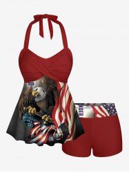 Patriotic American Flag Eagle Print Twist Halter Boyleg Tankini Swimsuit -  