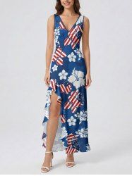 Patriotic American Flag Hibiscus Flower Print Hawaii Ruffles Split Dress - Bleu Ciel S
