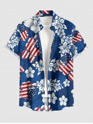 Patriotic American Flag Hibiscus Flower Print Hawaii Button Pocket Shirt For Men -  