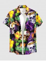 Chemise Hawaï homme à imprimé tropical feuilles, fleurs et crânes, avec boutons et poches - Pourpre  L